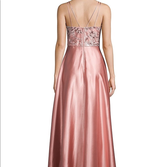 Rose Gold Satin Sequin Gown with Leg Slit - Picture 3 of 6